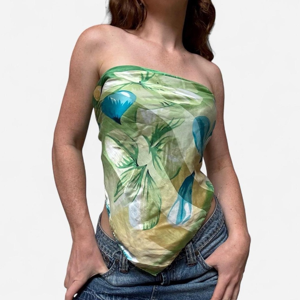 Blue and green floral silk square scarf